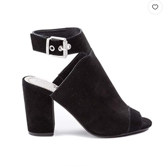 Lucca Lane Black Suede Leather Seleste Peep Toe Shoes Heels Size 8 Like New - Picture 1 of 15